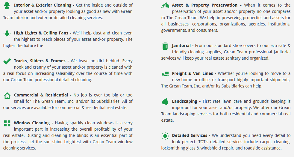 The Grean Team Litany of Services
