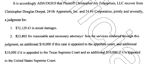 Dorpat found Guilty and Ordered To Pay Nearly ONE HUNDRED THOUSAND DOLLARS