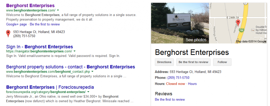 Berghorst Closed. Foreclosurepedia controls 4th and 5th Spot on Page One of Google