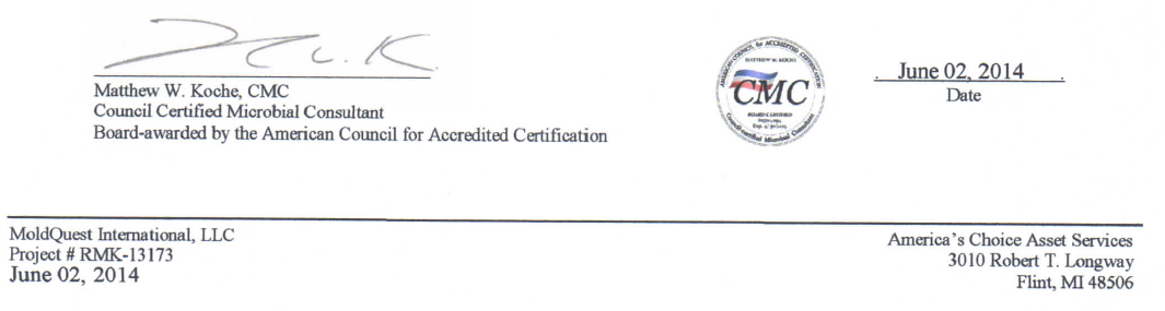 Footer of Mold Inspection Signature Page Sent To Altisource