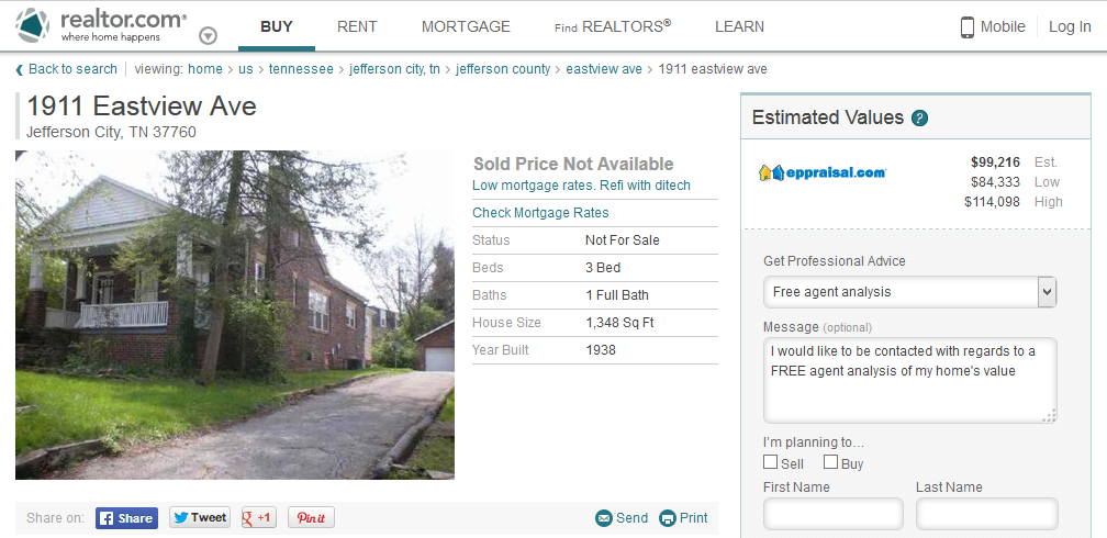 Realtor.com Listing For 1911 Eastview Ave Jefferson City, TN