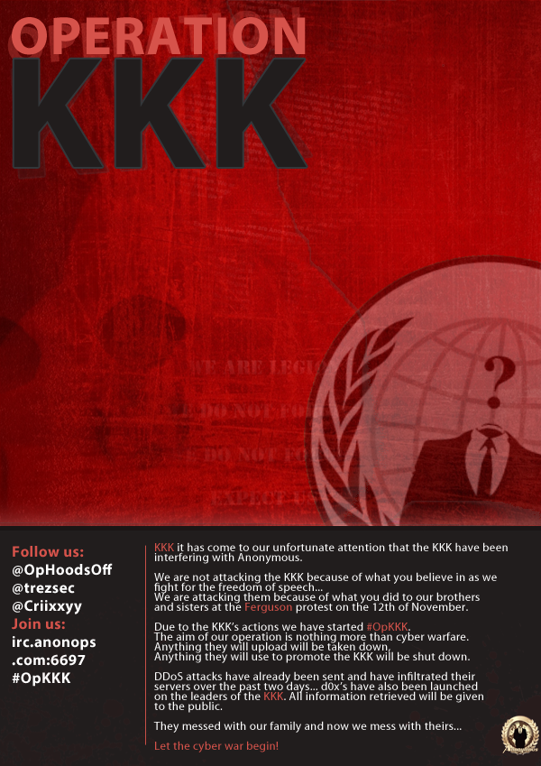 Anonymous ‏@Operation_KKK #Lulz @KuKluxKlanUSA #OpKKK #HoodsOff 