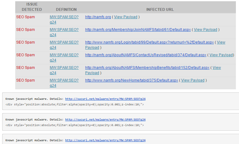 Some of the infections currently present on NAMFS