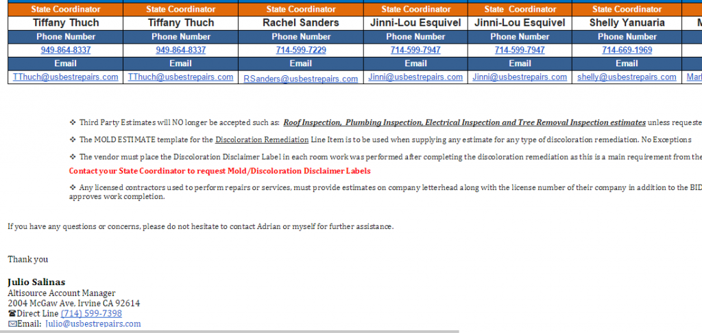 Email sent on 30DEC14 to US Best Repairs Contractor Network