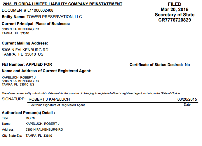 Robert Kapeluch, former SEAS LLC employee, listed on Tower Preservation LLC's paperwork --- From FL Department of State Division of Corporations