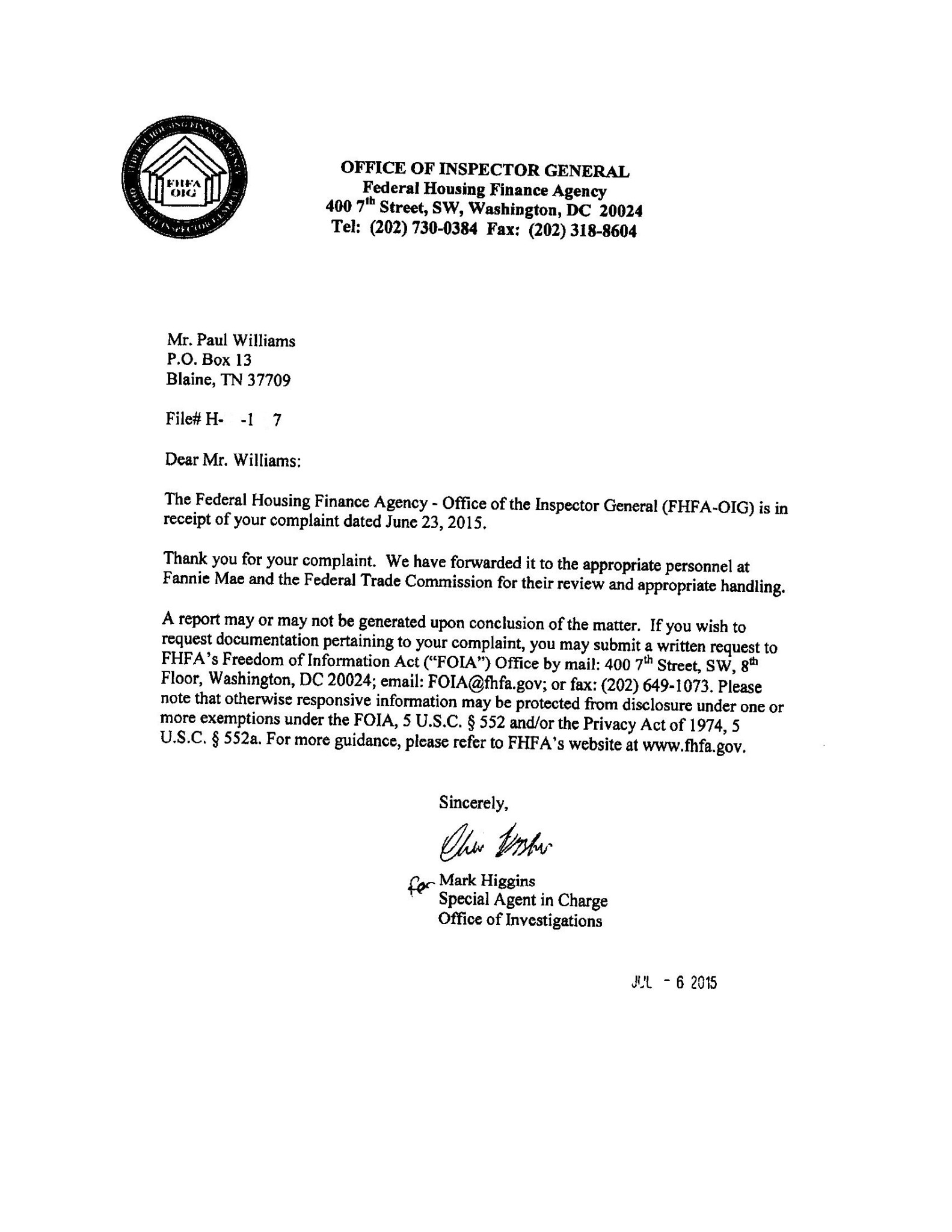 FHA Office of the Inspector General Complaint