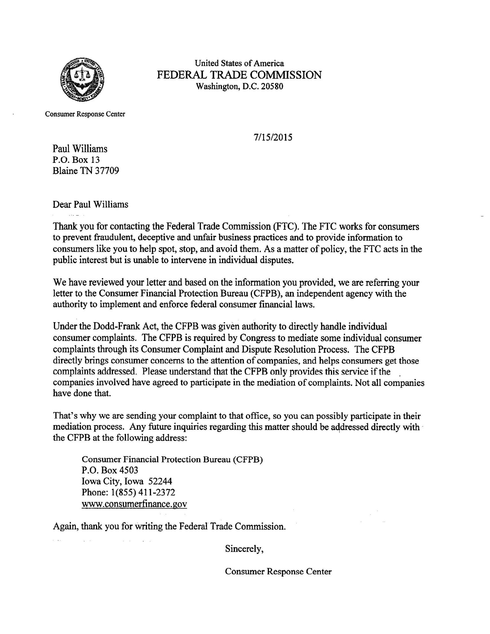 US Federal Trad Commission Referral to CFPB