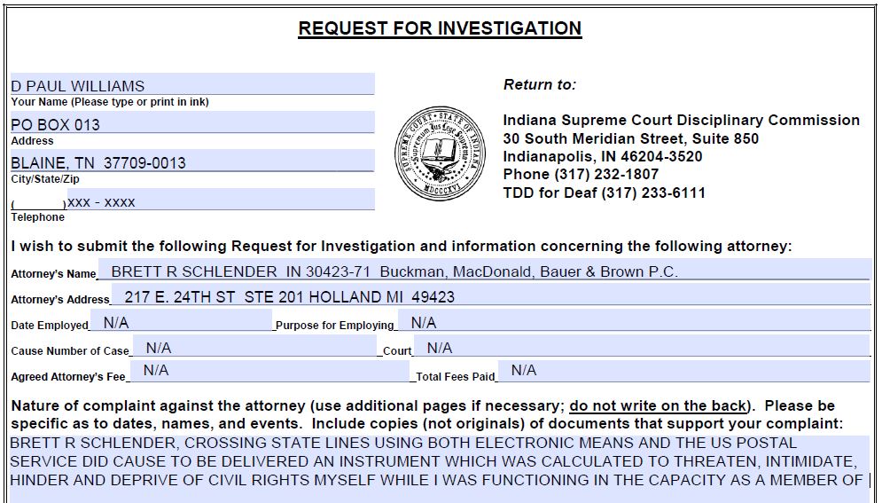 Indiana Bar License Complaint Against Brett R Schendler