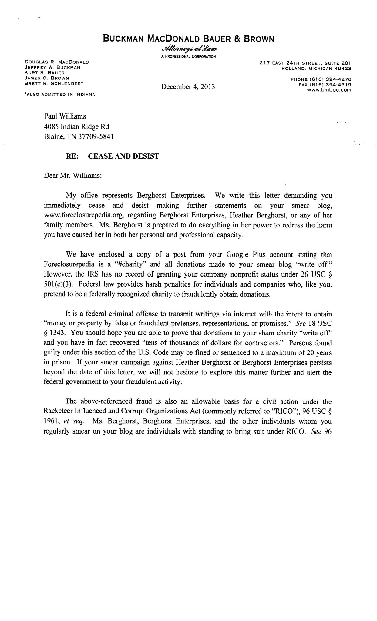 Letter From Brett R Schlender Page 01 of 02