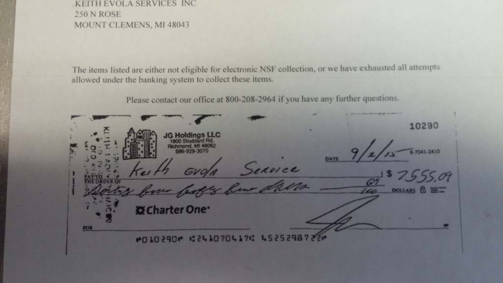 Gay Jay Goscinski's NSF Check To Evola Service in Michigan --- Thanks Eric Miller!